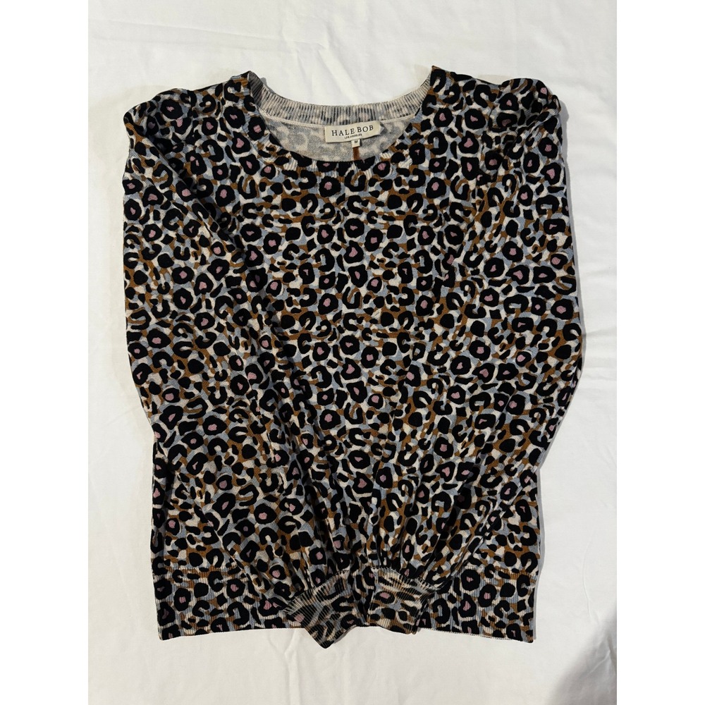Hale Bob Silk Cashmere Leopard Print Knit Sweater Small Blue Tan Animal Print